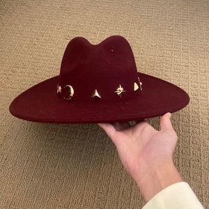 Anthropologie Burgundy Gold Moon Star Charm Trimmed Wool Rancher Hat